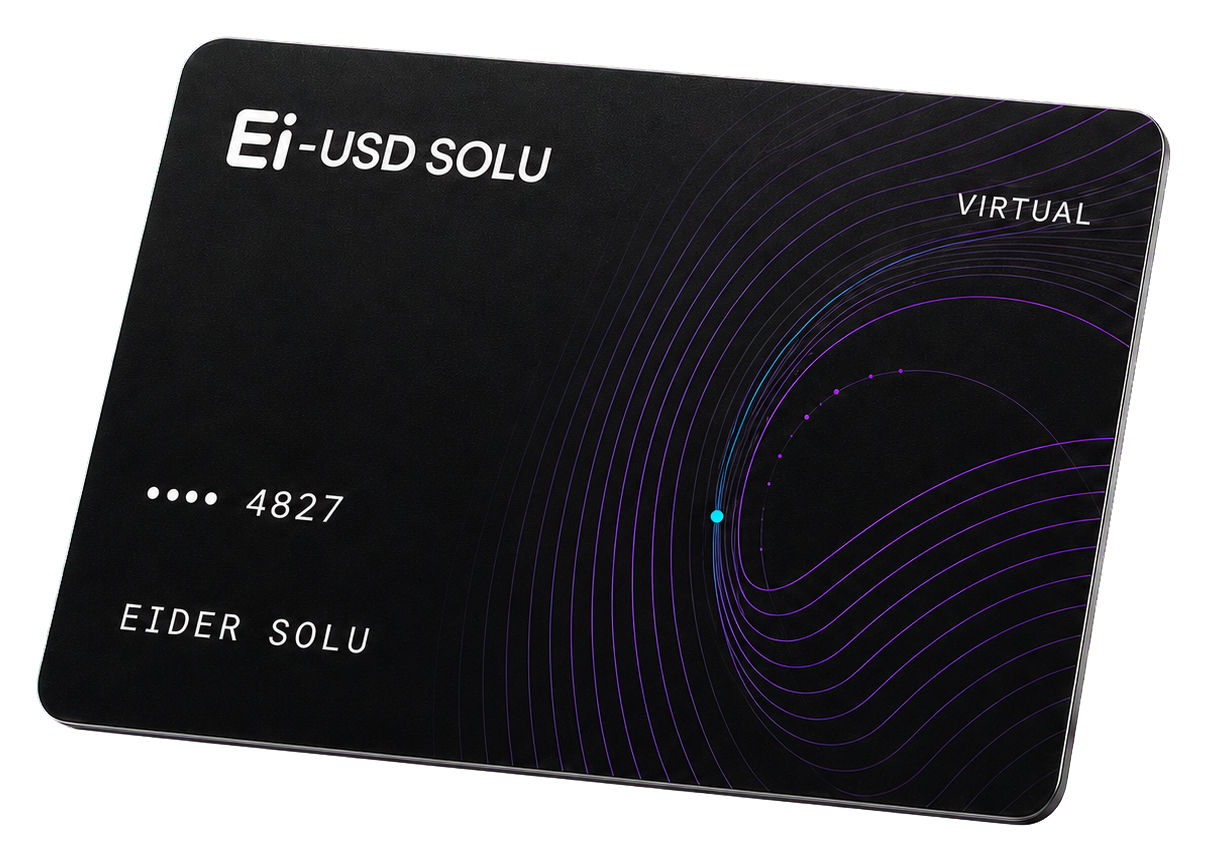 Tarjeta virtual negra con líneas orbitales violetas de Ei-USD SOLU